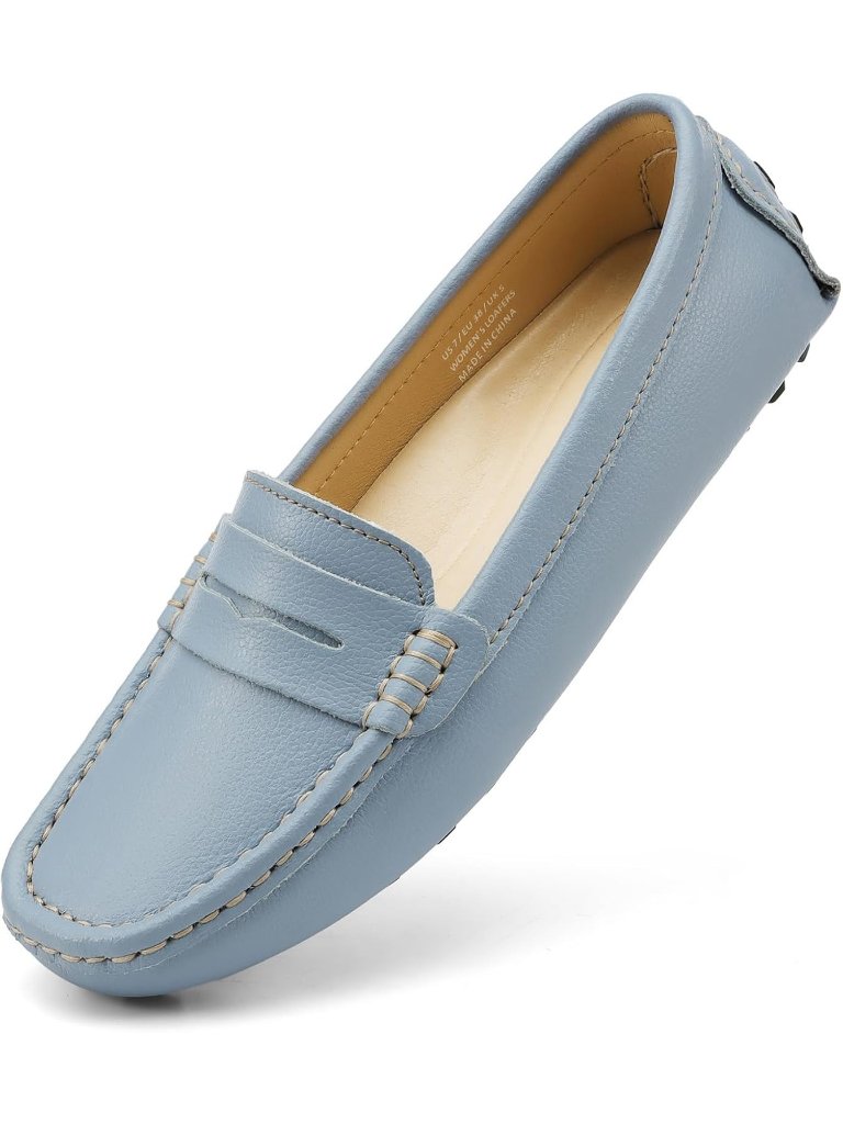 Women's Light Blue Classic Comfort Leather Penny Loafers Casual Slip-On Walking